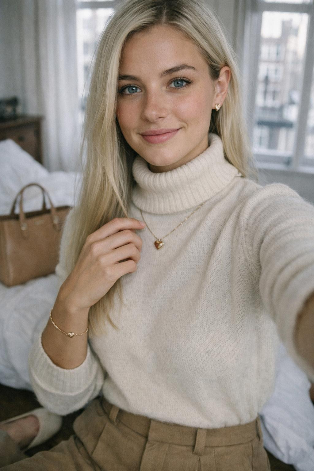 Valentine's Day jewelry gold heart pendant bracelet with cream cashmere