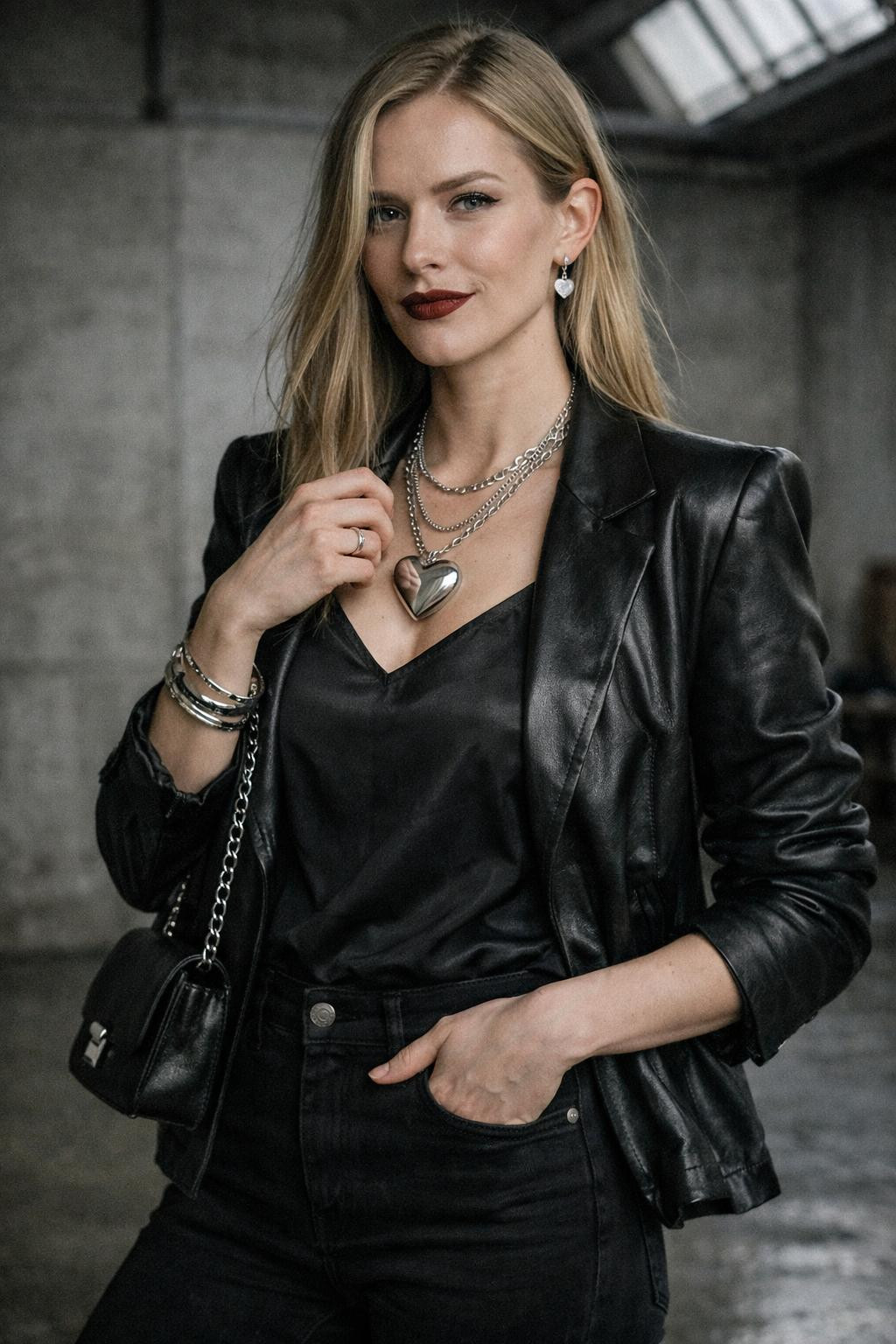 Valentine's Day jewelry with silver heart pendant necklace and black leather jacket
