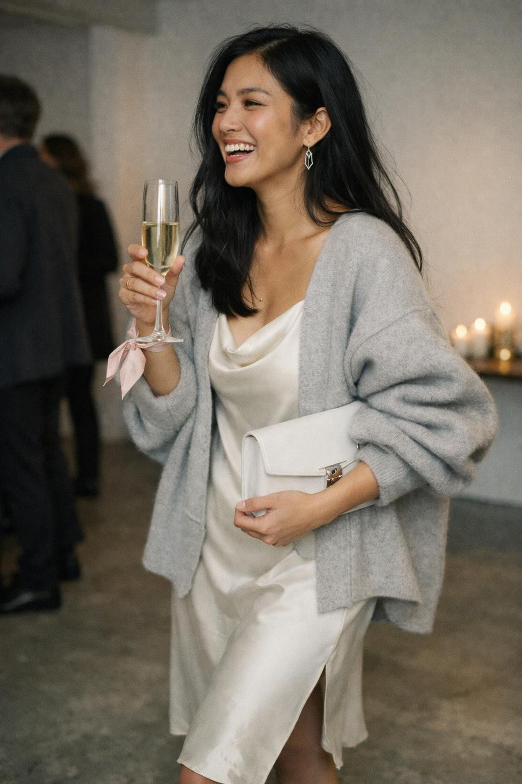 Valentine's party outfit with ivory silk and grey cardigan