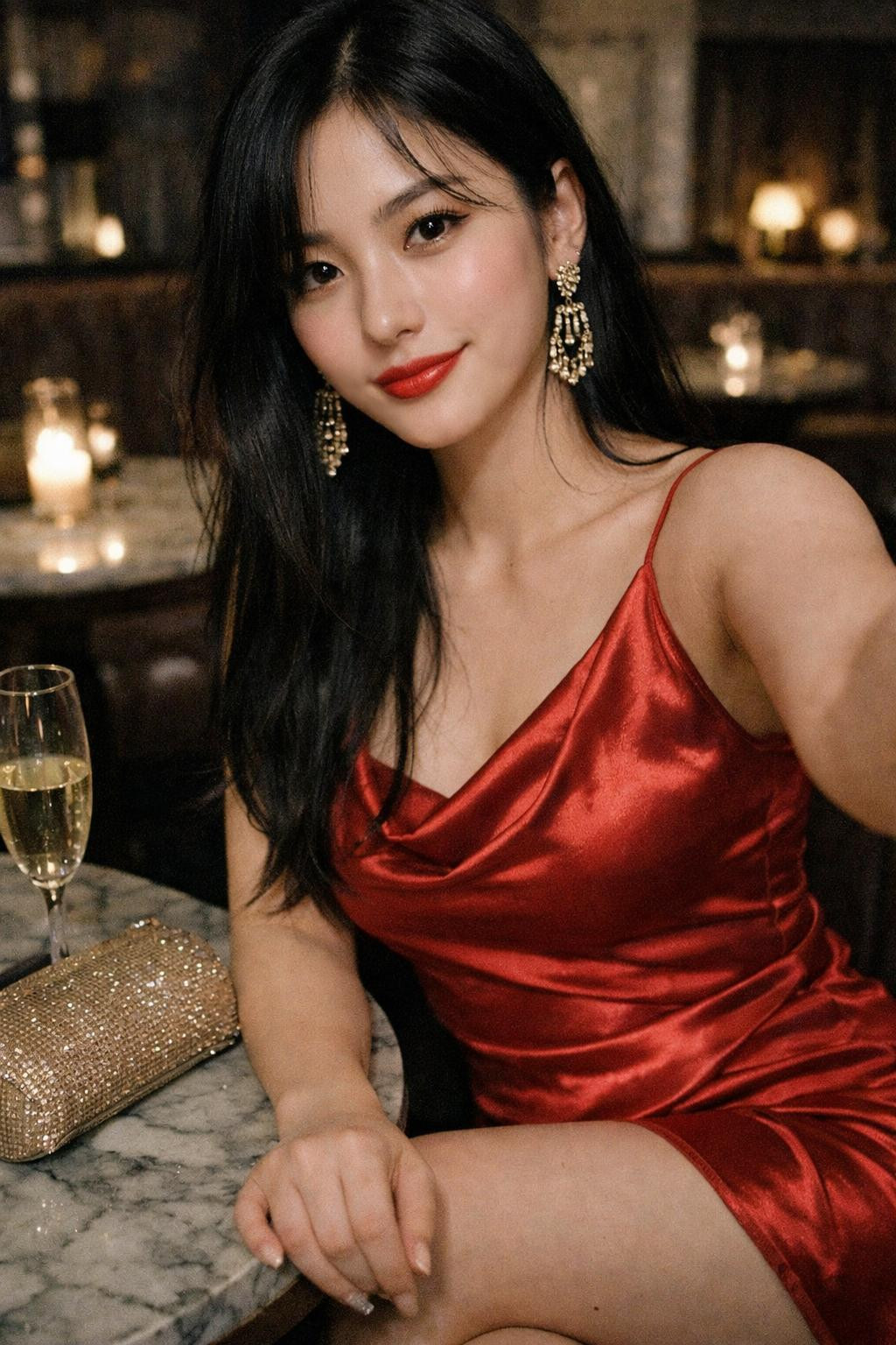 Valentine's party outfit with red silk cowl dress