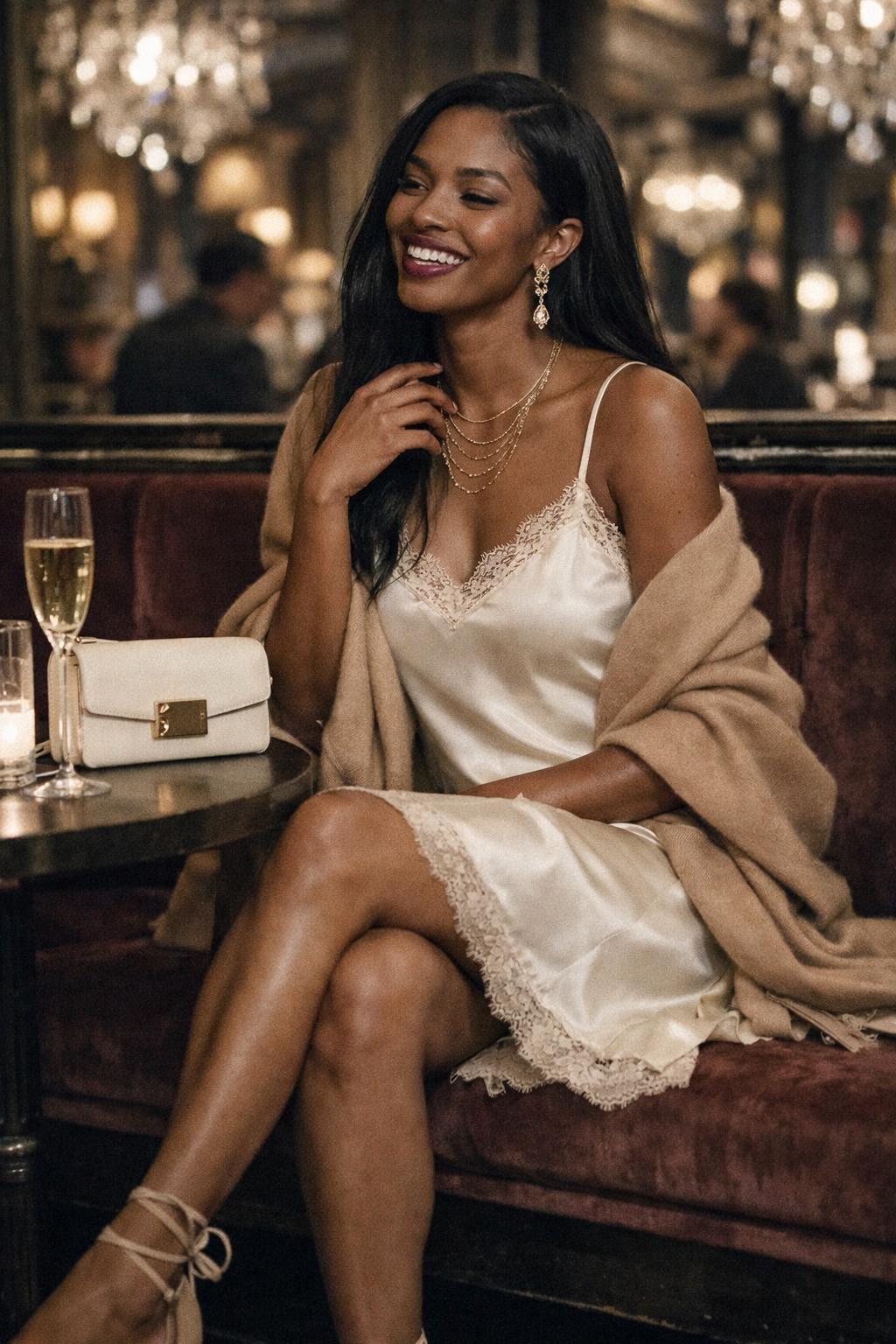 Valentine's party outfit with cream silk dress and cashmere wrap