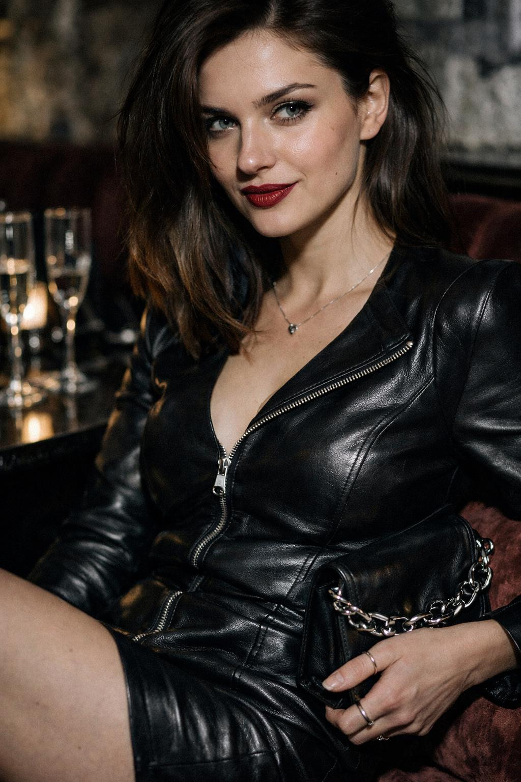 Valentine's party outfit with black leather dress and silver zipper