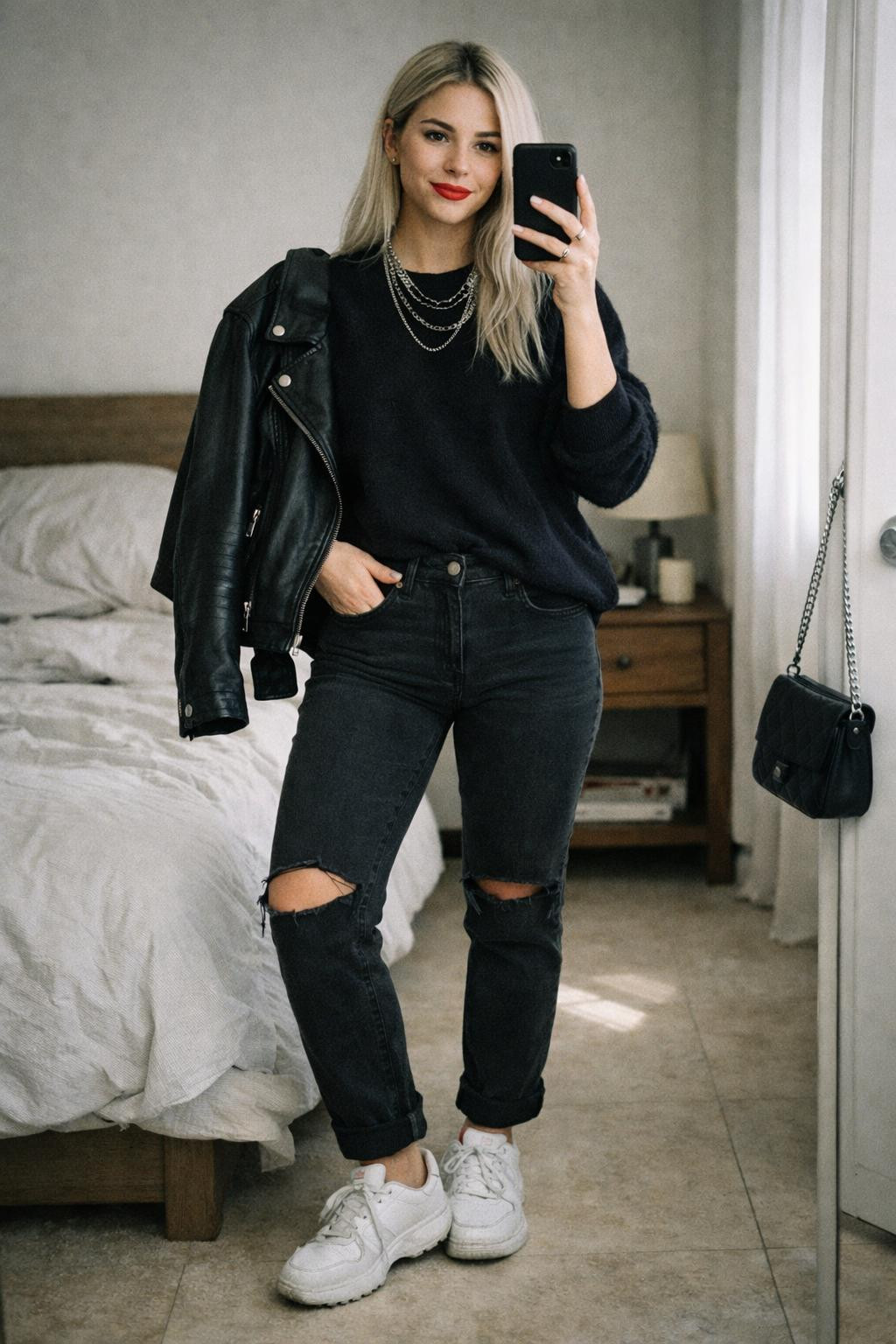 Casual Valentine's outfit with black cashmere and bold red lip