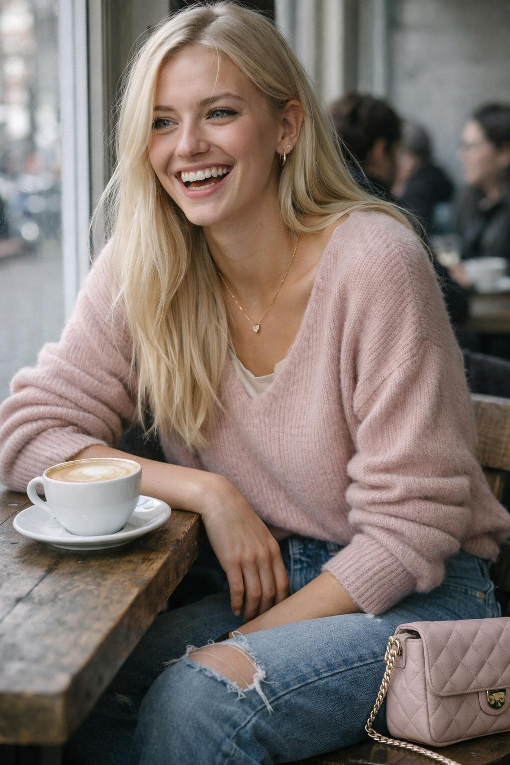 Casual Valentine's outfit with pink cashmere and vintage-wash denim