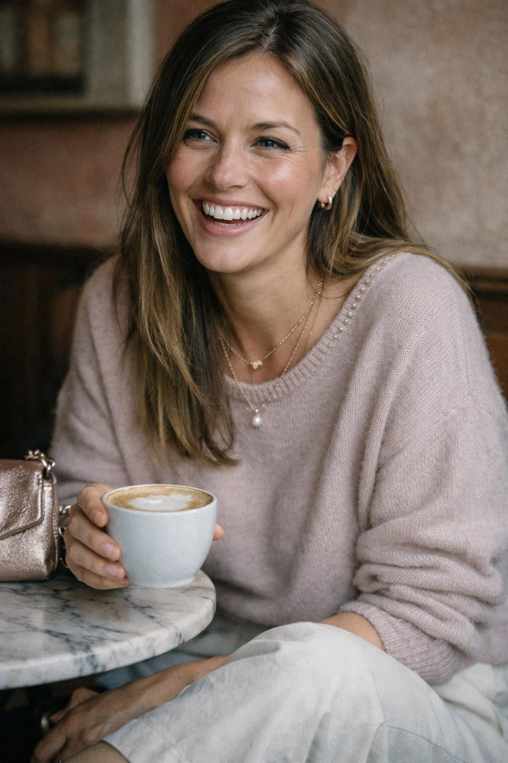 Casual Valentine's outfit with blush pink cashmere and cream wide-leg trousers