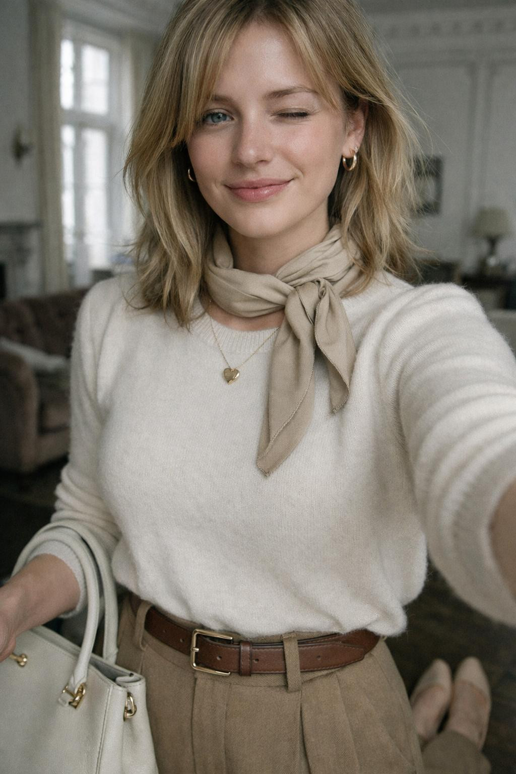 Casual Valentine's outfit with cream cashmere and camel wide-leg trousers