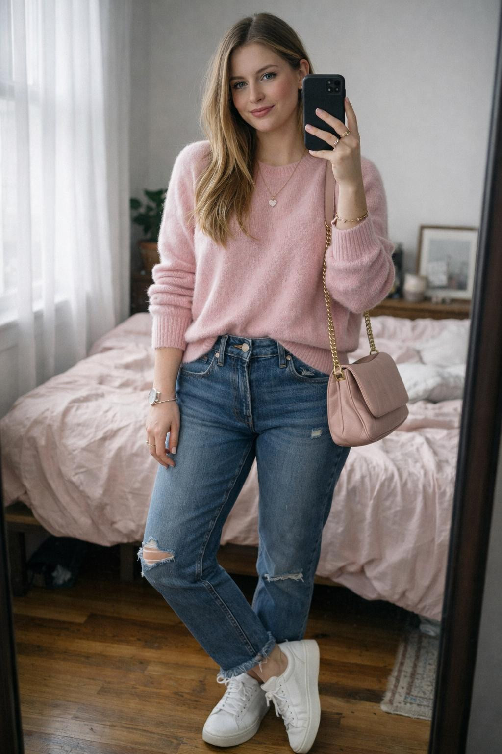 Casual Valentine's outfit with pink cashmere and layered gold necklaces