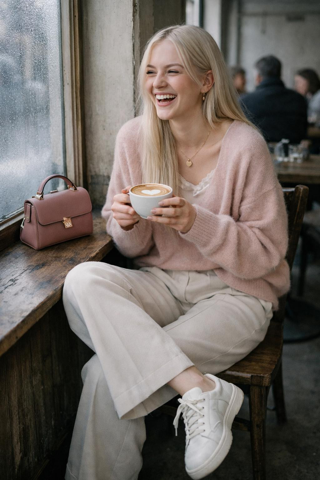 Casual Valentine's outfit with blush pink cashmere and cream layers