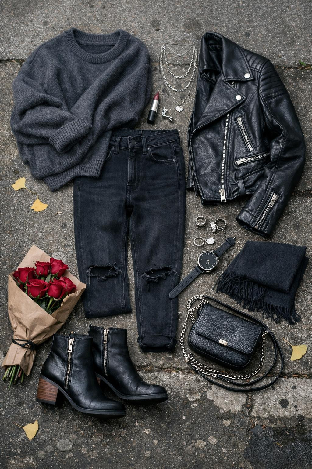 Casual Valentine's outfit with charcoal cashmere and burgundy details