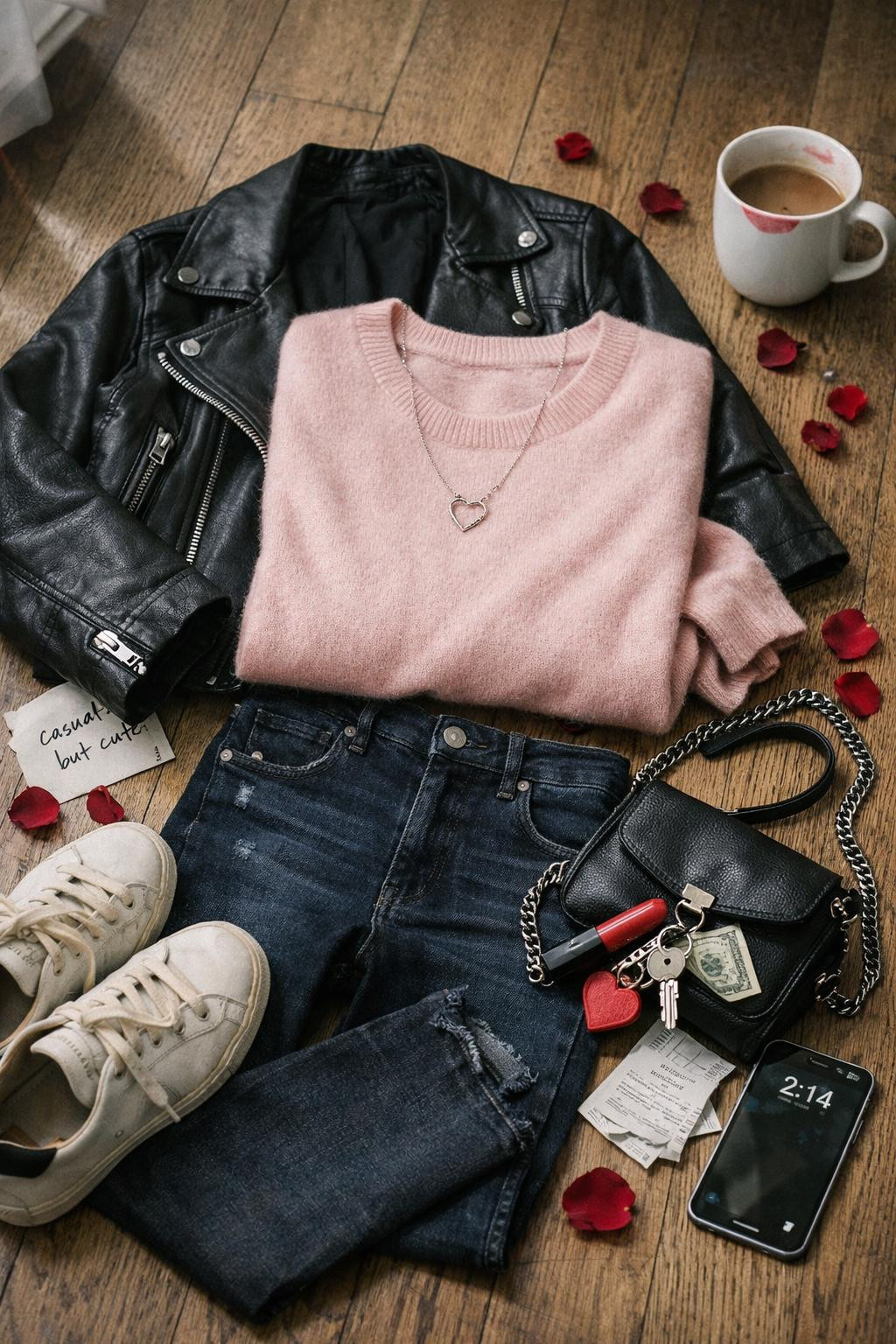 Casual Valentine's outfit flat lay with pink cashmere and leather jacket