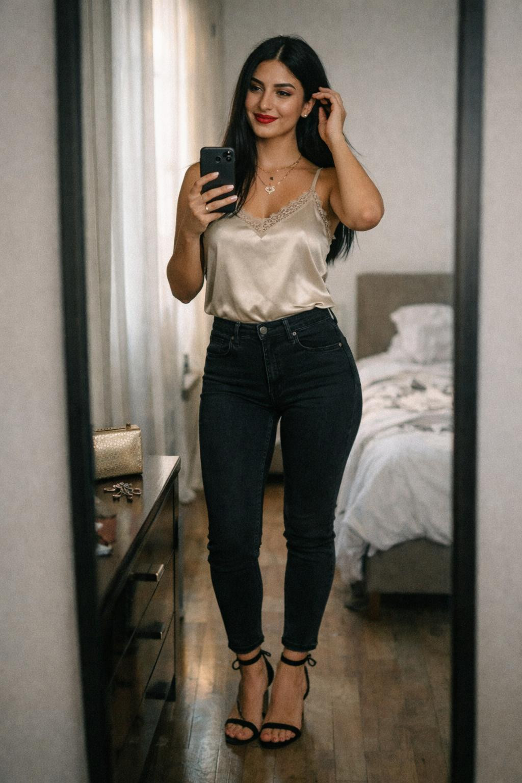 Casual Valentine's outfit with black denim and champagne silk camisole