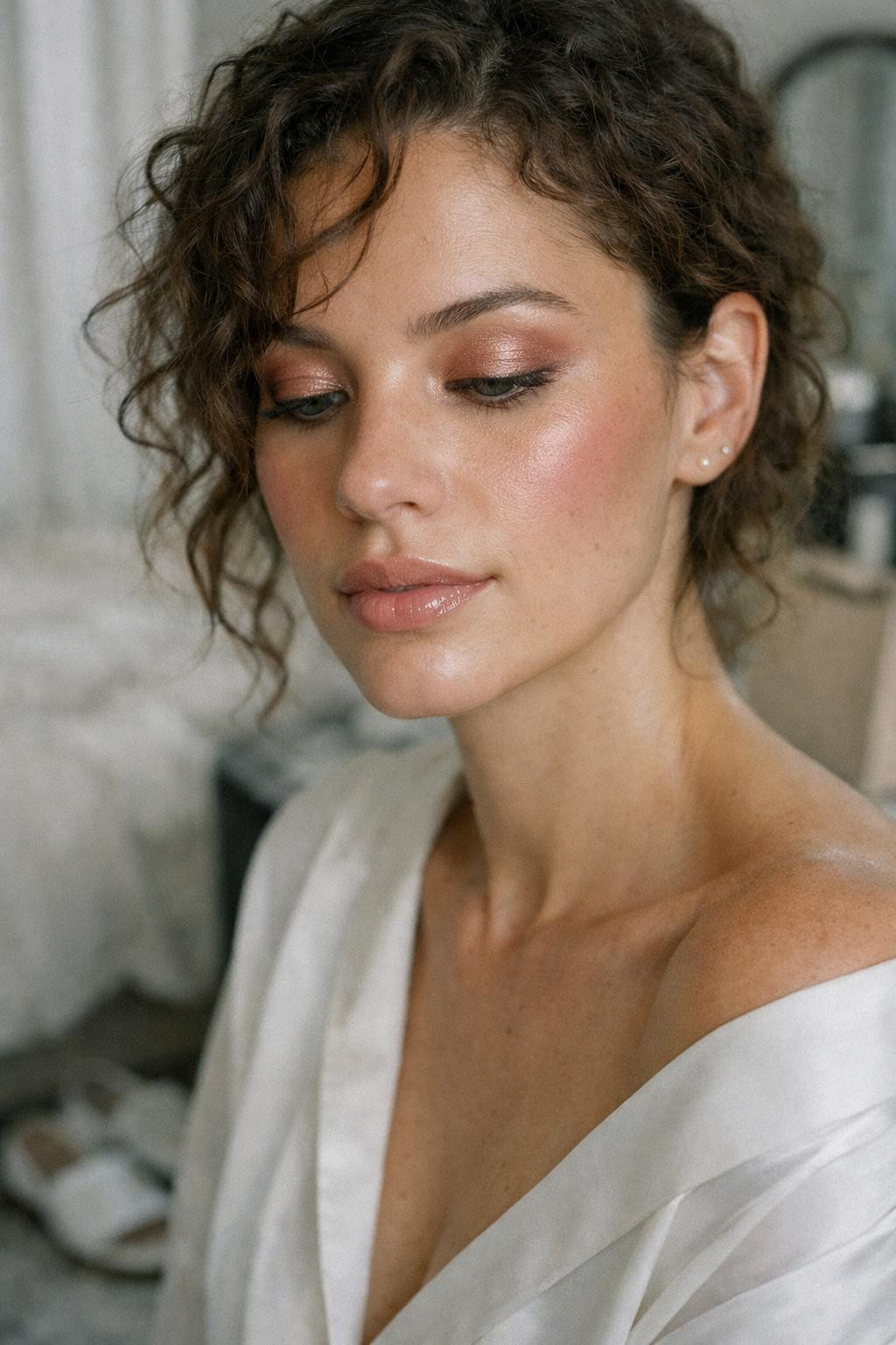 Valentine's makeup looks with soft rose-gold eyeshadow and nude glossy lips