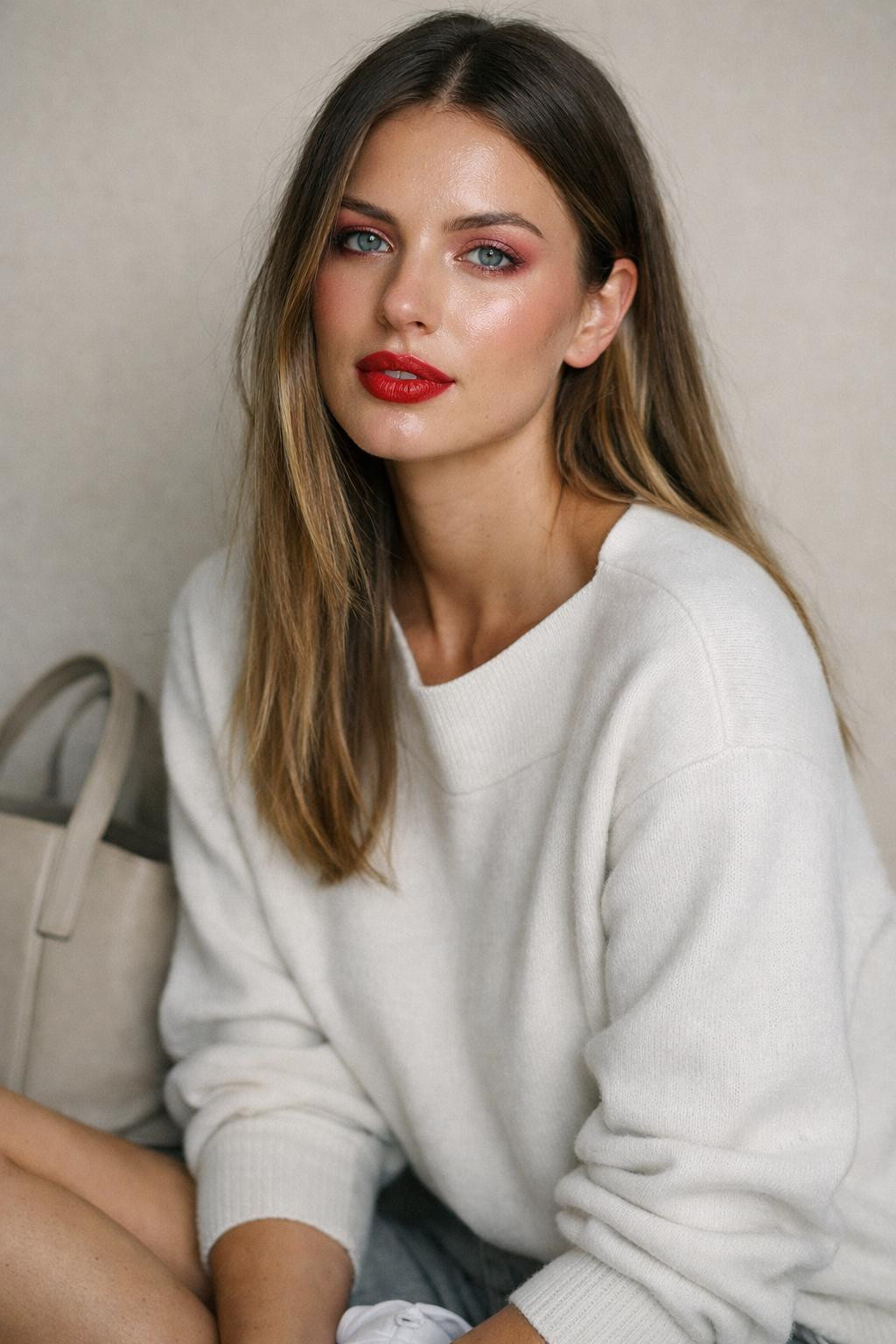 Valentine's makeup looks with precise red lips and soft pink eyeshadow