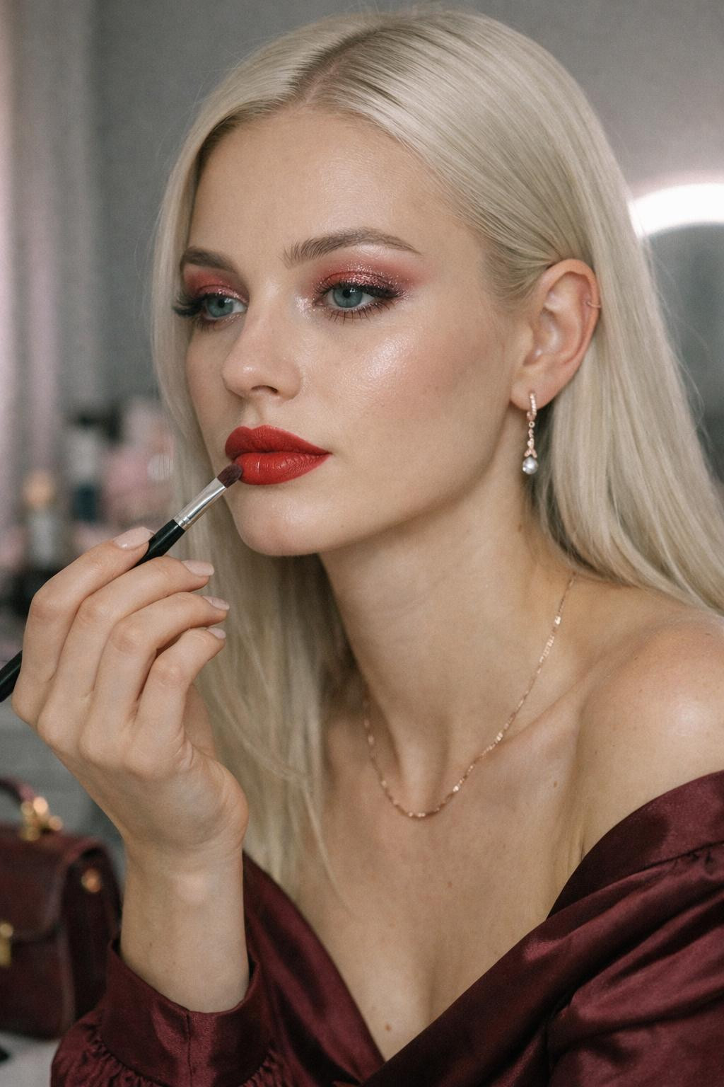 Valentine's makeup looks with romantic pink eyeshadow and red glitter accent