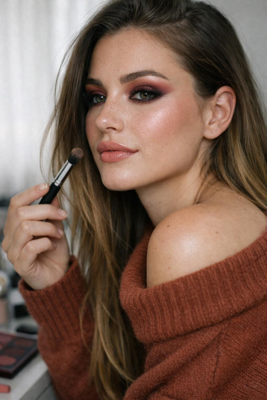Valentine's makeup looks with deep burgundy smokey eye and glossy nude-pink lips