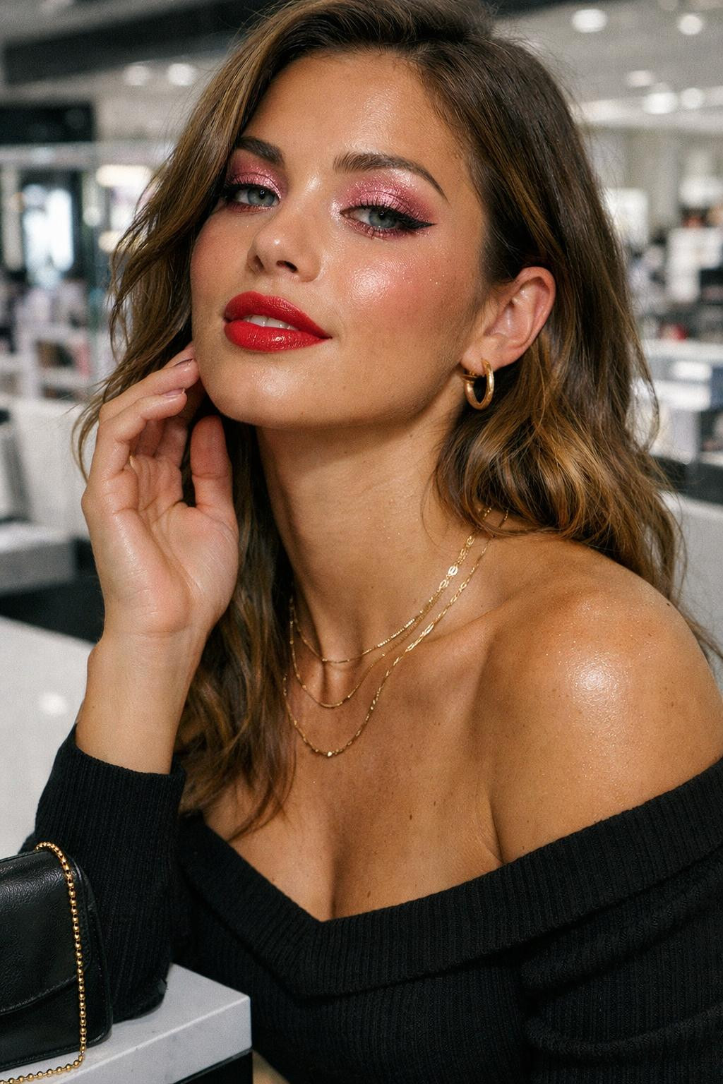Valentine's makeup looks with romantic pink sparkle eyeshadow and cherry red lips