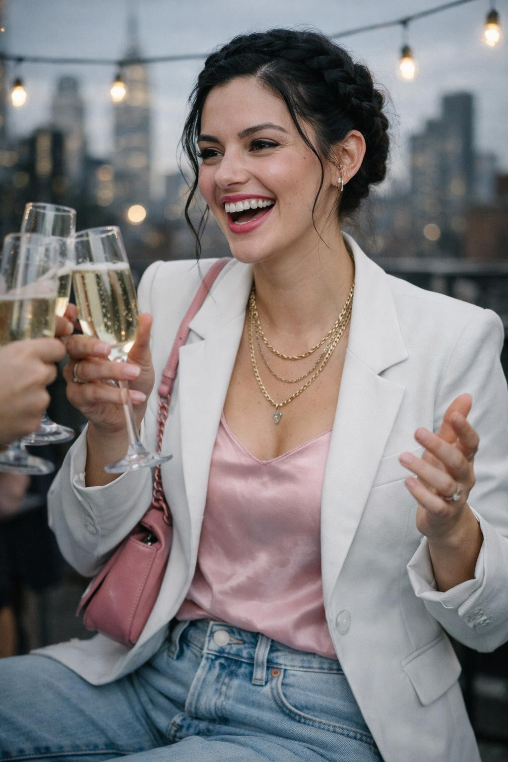Galentine's party outfit with structured white mini dress and beige cashmere coat