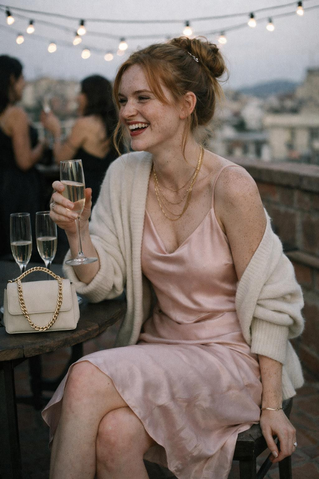 Galentine's party outfit with blush pink silk slip dress and cashmere cardigan