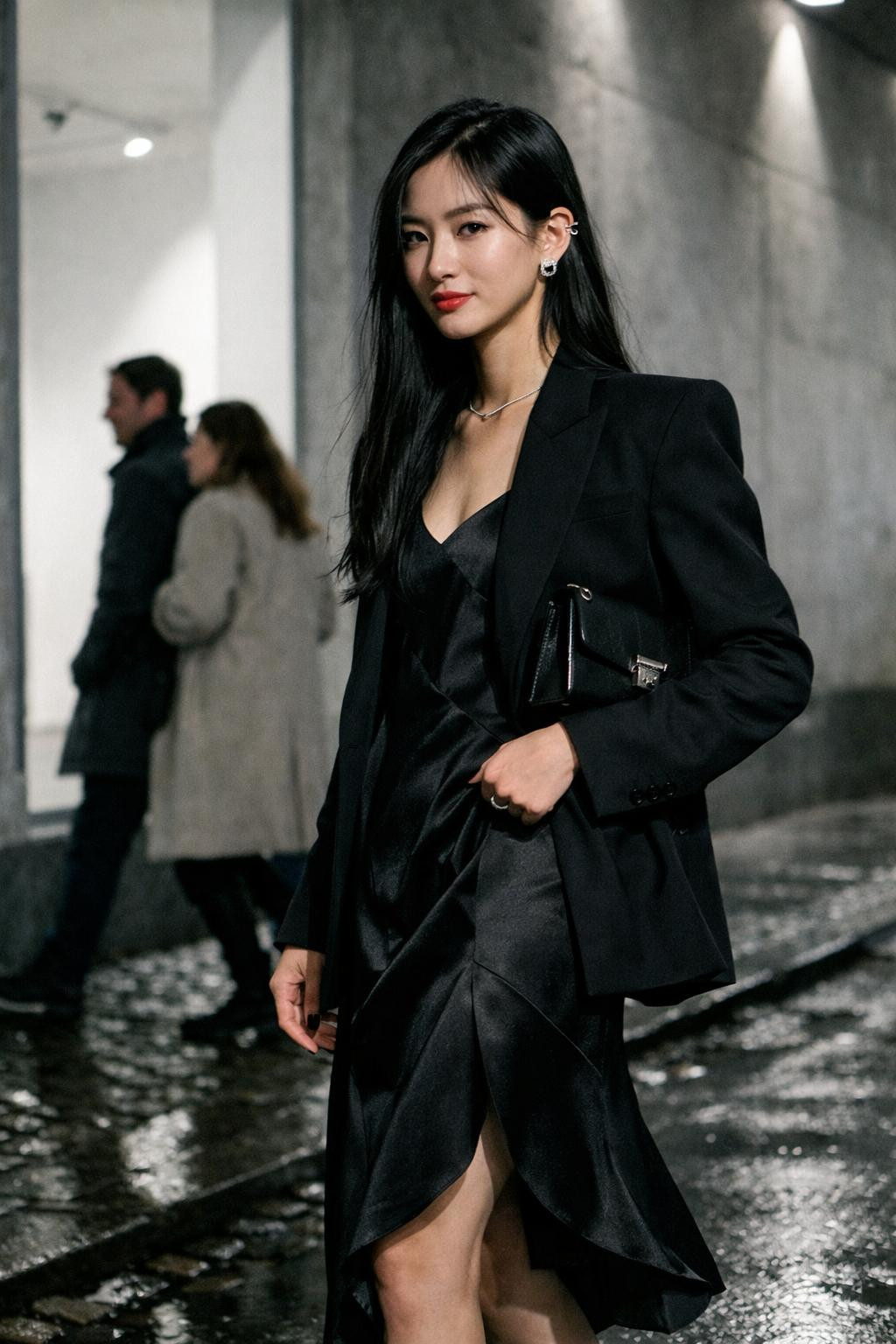 Black Valentine's outfit pairing silk slip with structured blazer