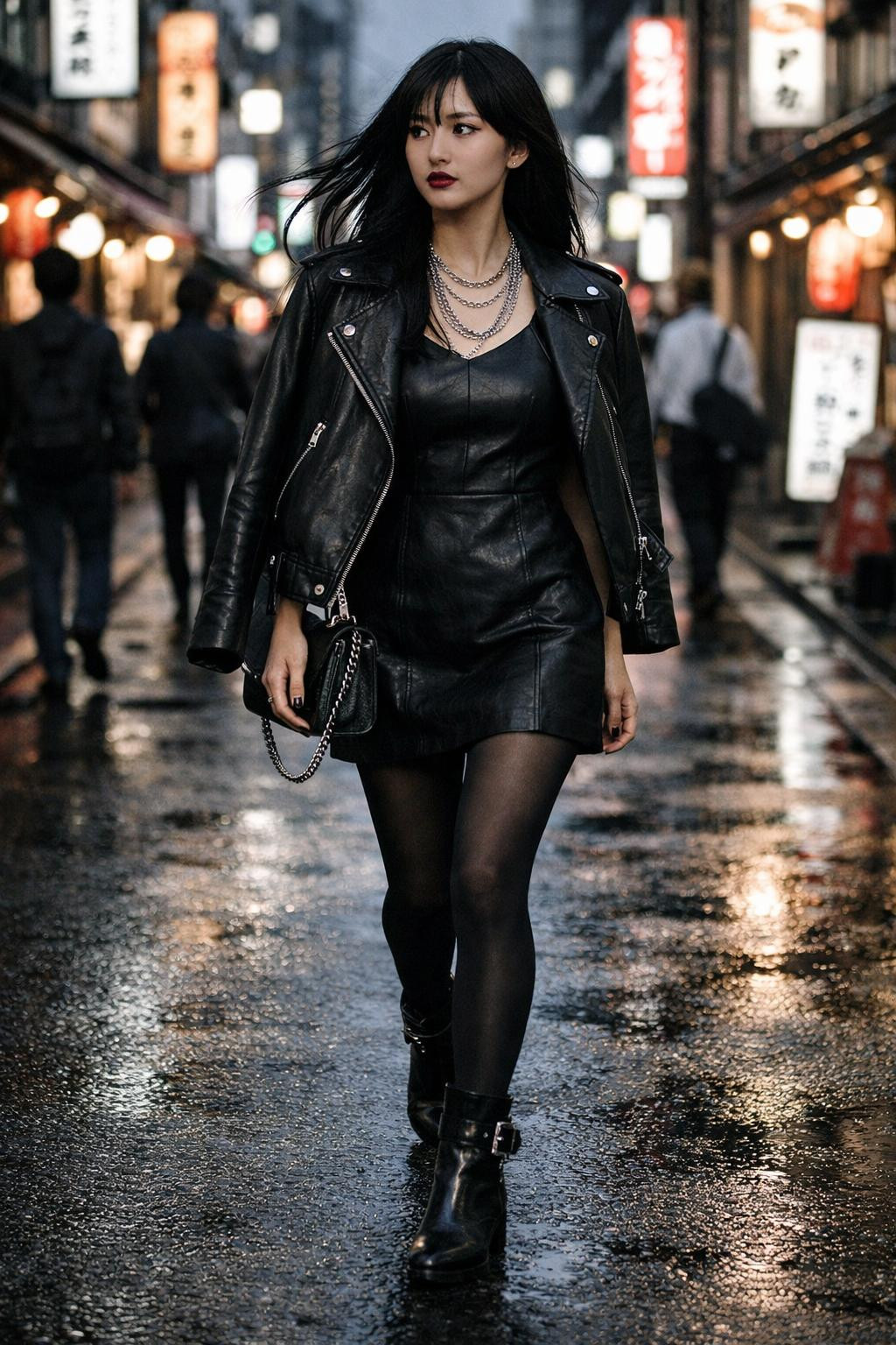 Black Valentine's outfit with quilted leather dress and moto jacket