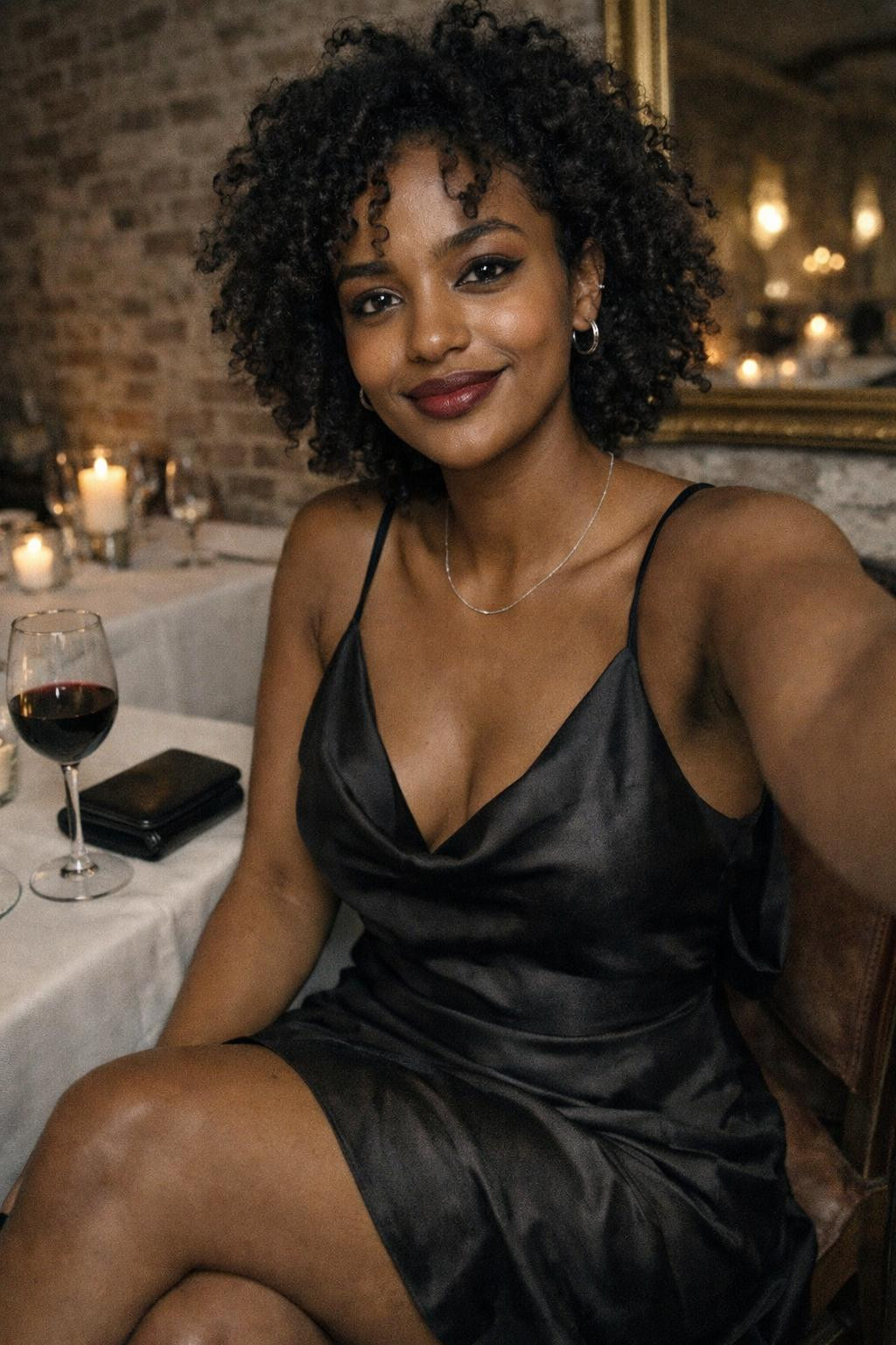 Black Valentine's outfit featuring silk slip dress with cowl drape