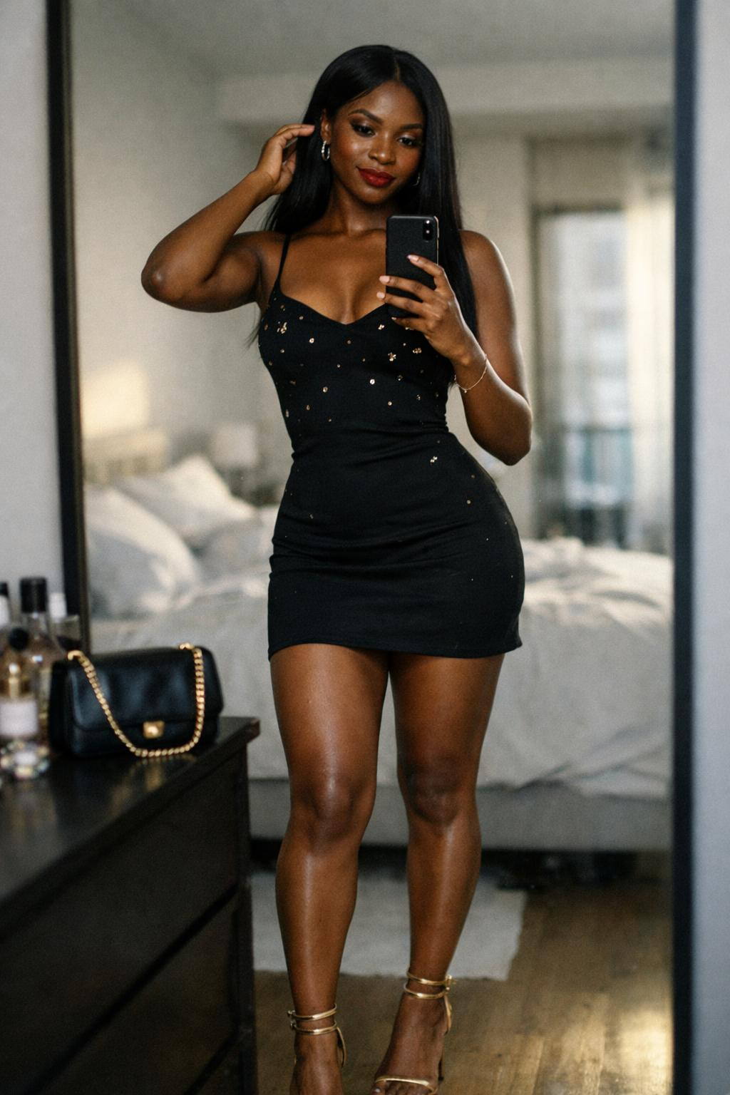 Black Valentine's outfit with bodycon dress and gold sequin details