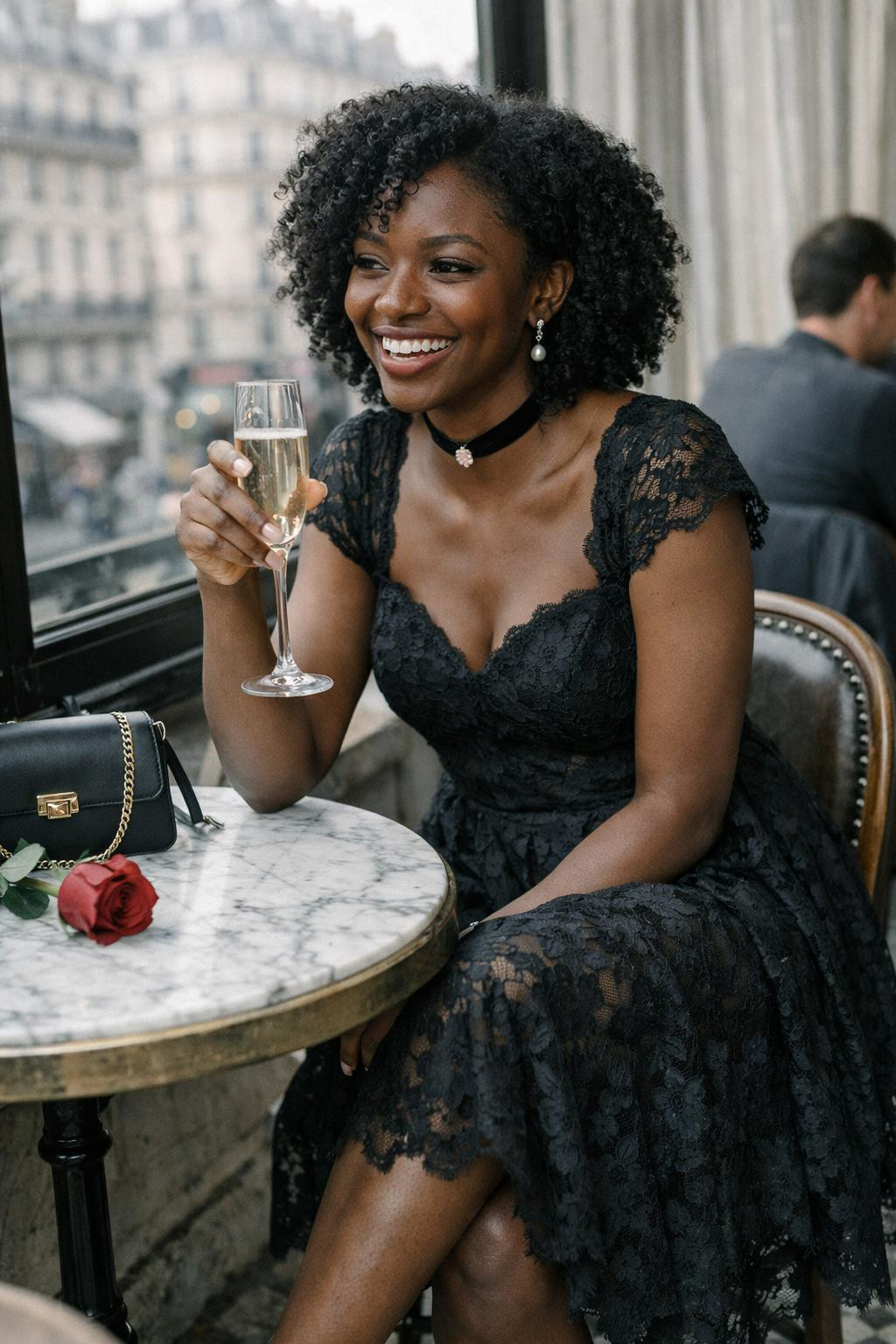 Black Valentine's outfit featuring intricate lace midi dress