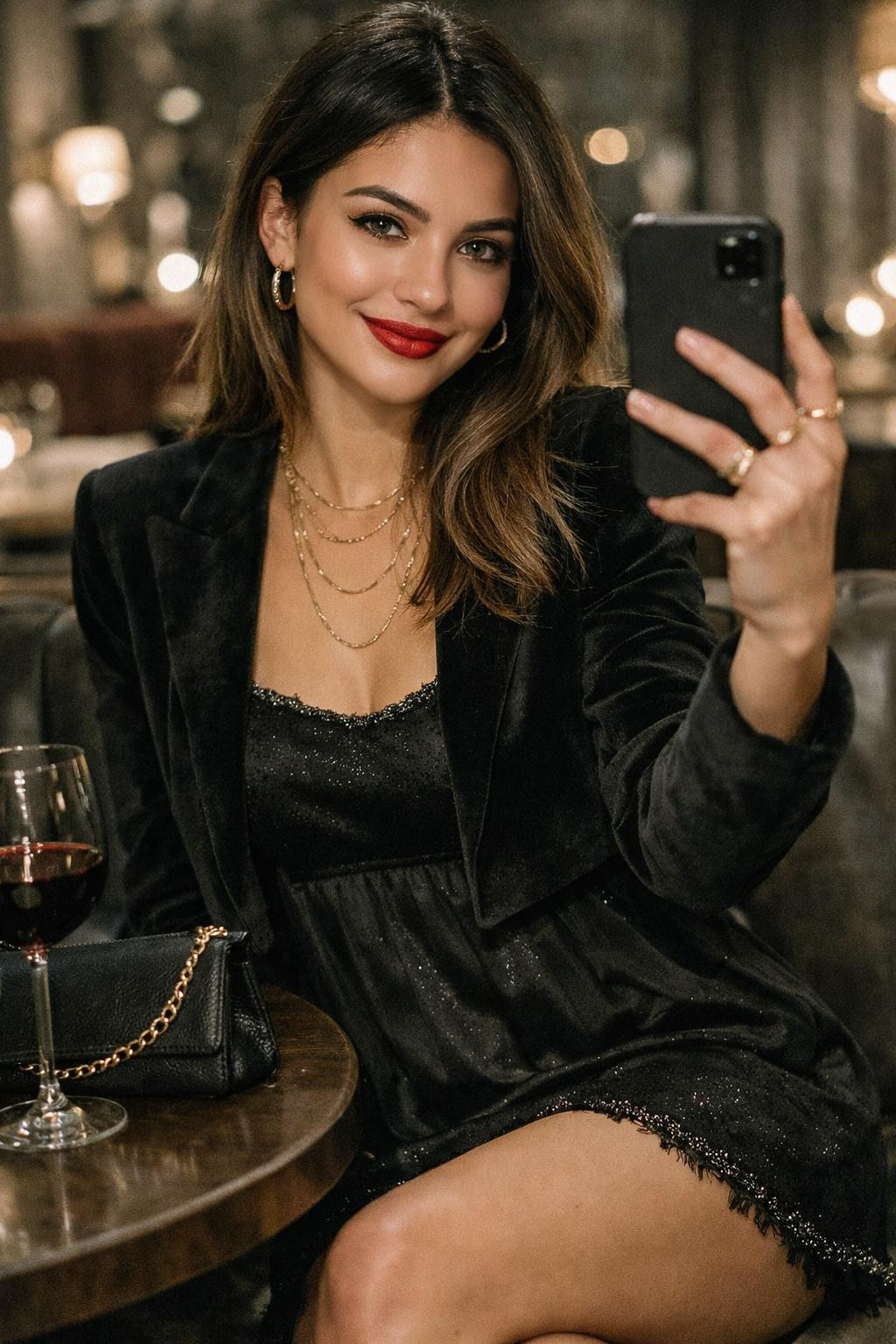 Black Valentine's outfit featuring sparkle dress with velvet blazer