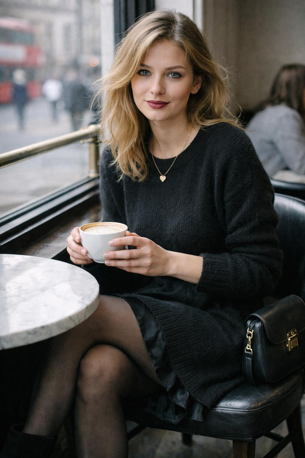 Black Valentine's outfit with cashmere sweater dress and silk slip layer