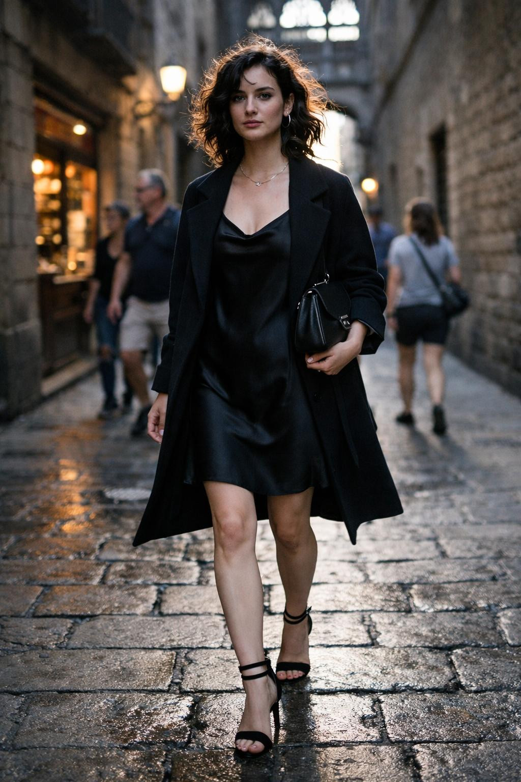Black Valentine's outfit with architectural silk slip dress and cashmere coat