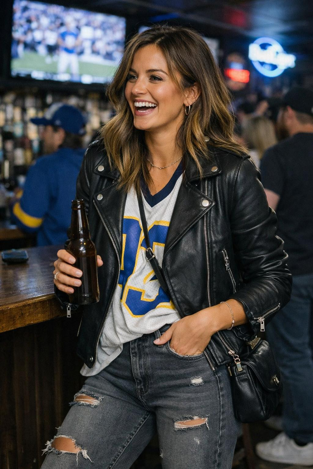 Super Bowl outfit with buttery black leather jacket and white vintage jersey