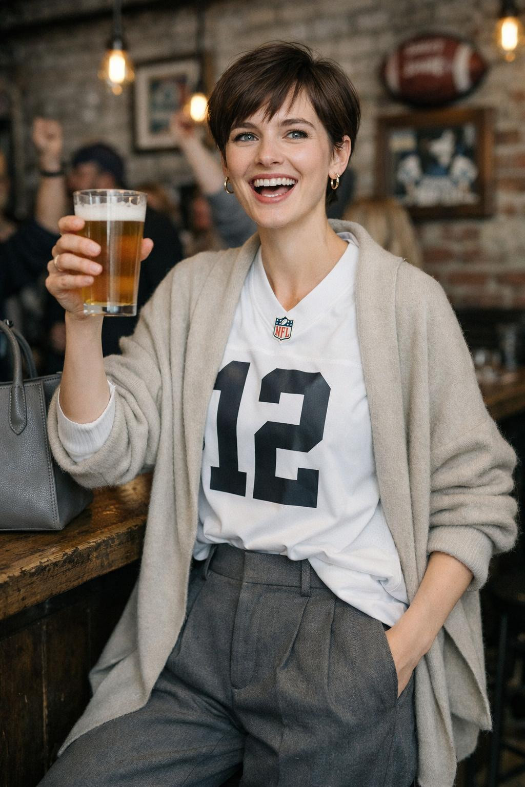 Super Bowl outfit with architectural white jersey and beige cardigan