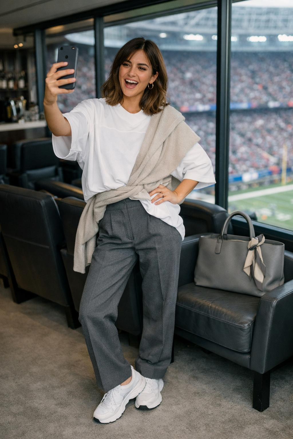 Super Bowl outfit with oversized white jersey and grey wool trousers