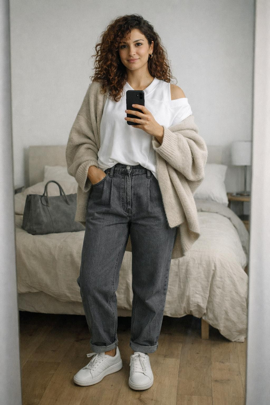 Super Bowl outfit ideas with white jersey and beige cashmere cardigan