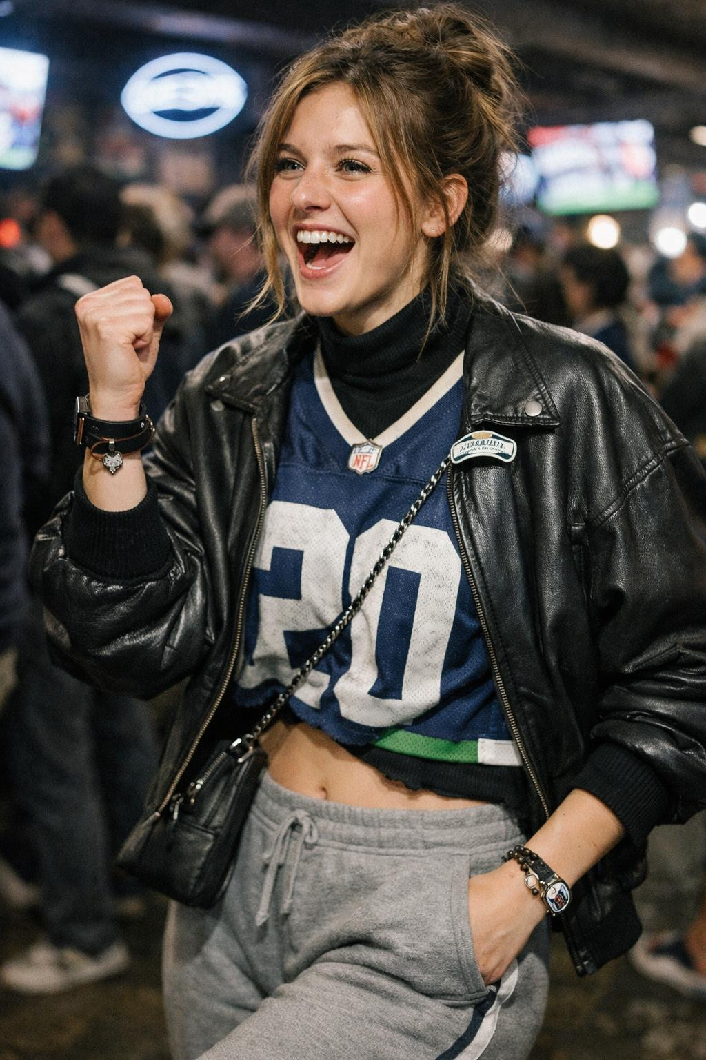 Super Bowl outfit ideas with cropped jersey and grey fleece joggers