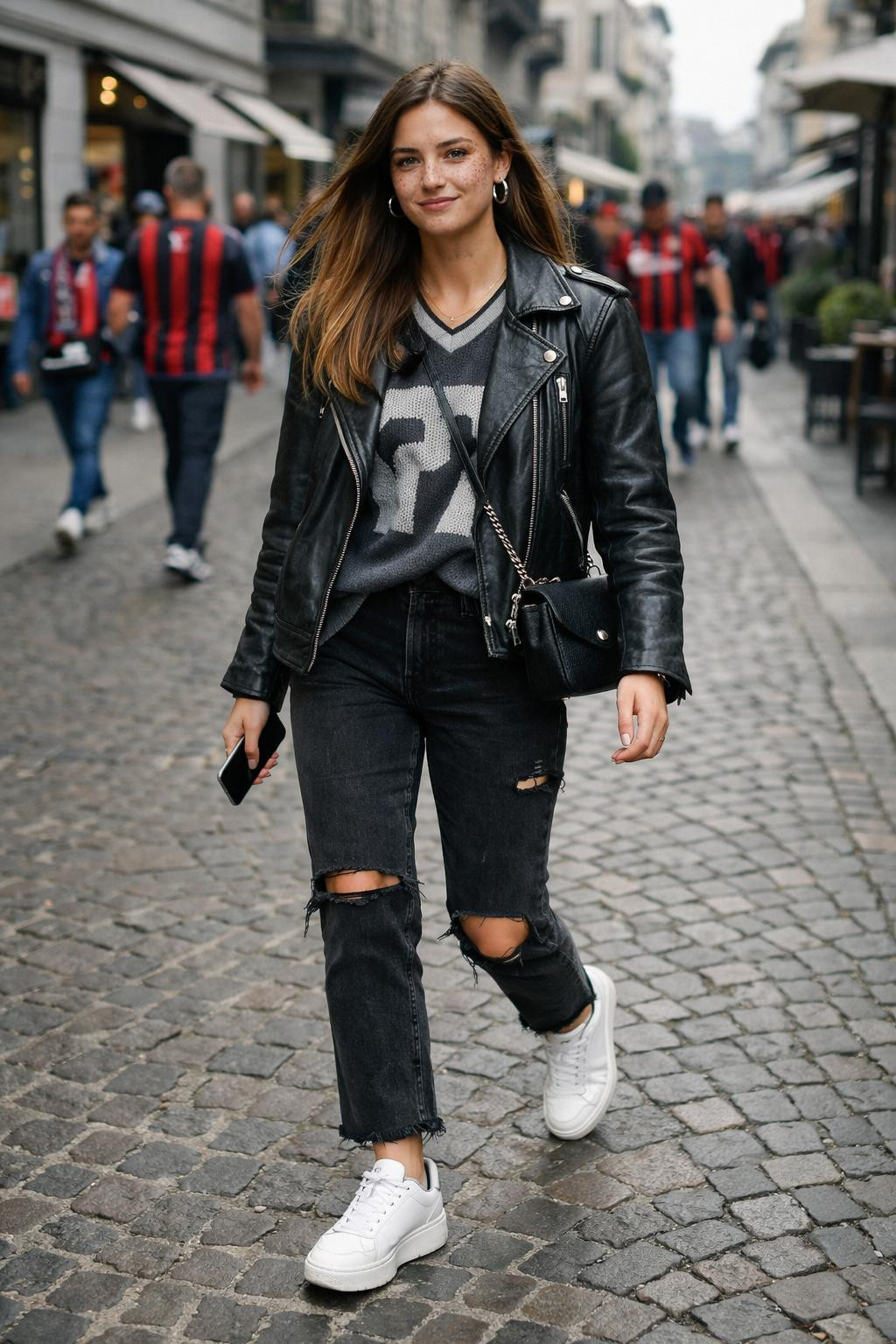 Super Bowl outfit ideas with vintage grey jersey and black leather jacket