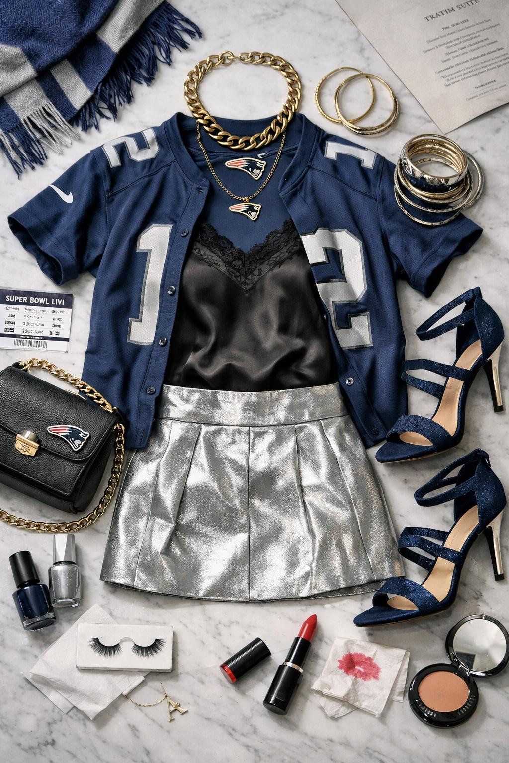 Super Bowl outfit ideas with fitted navy jersey and metallic silver pleated skirt