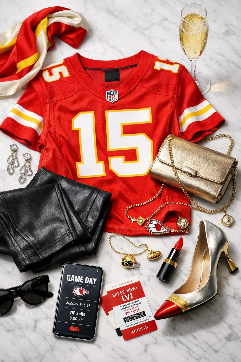 Super Bowl outfit flat lay with team jersey and black leather pants