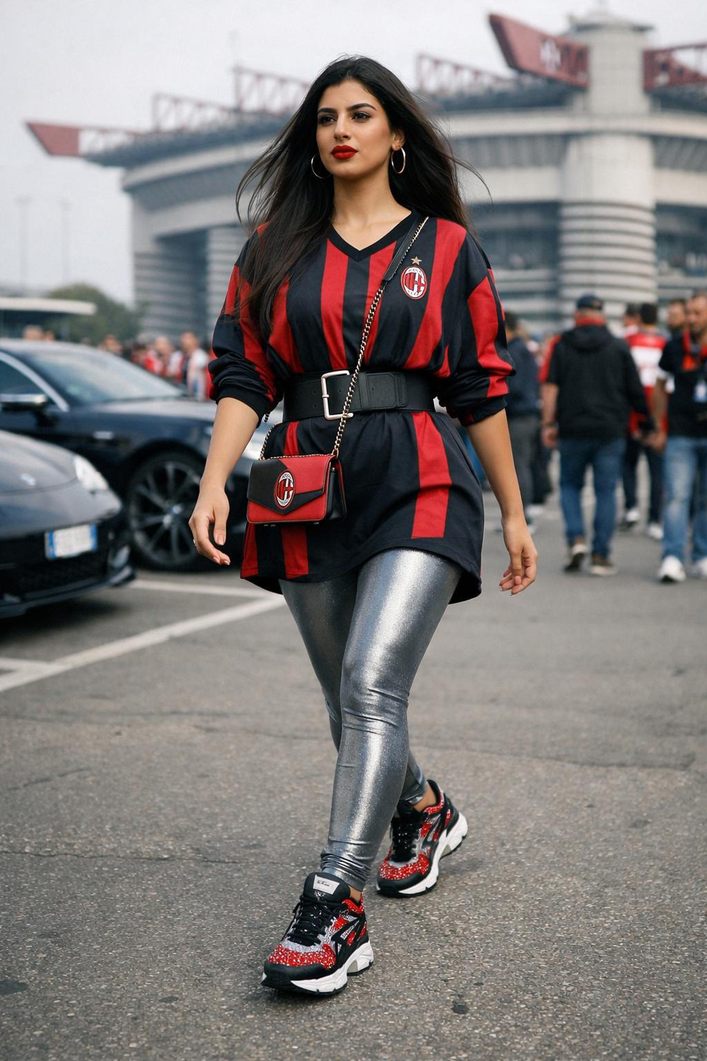 Super Bowl outfit ideas with oversized team jersey and metallic silver leggings