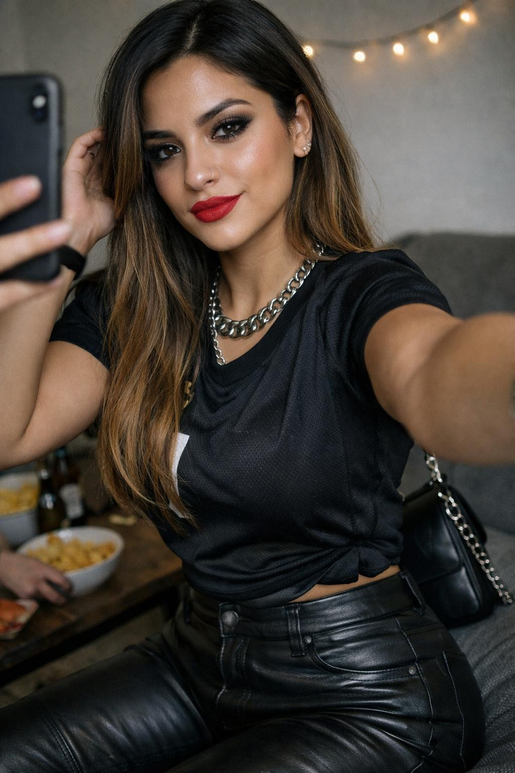 Super Bowl outfit with black leather pants and fitted team jersey