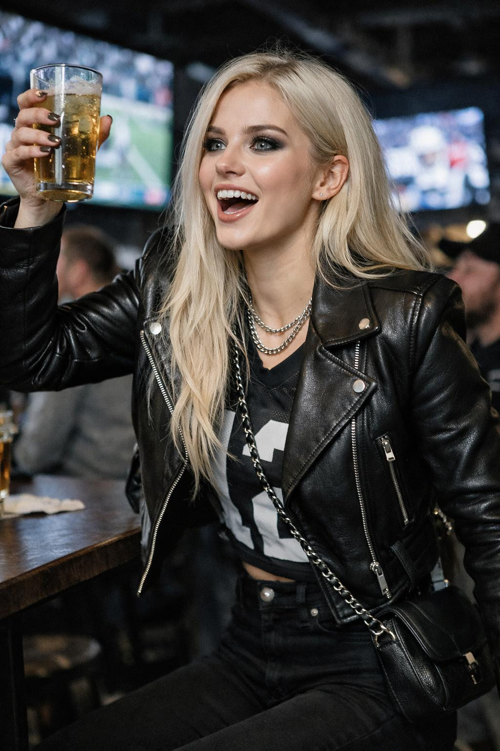 Super Bowl outfit with fitted black leather jacket and vintage jersey
