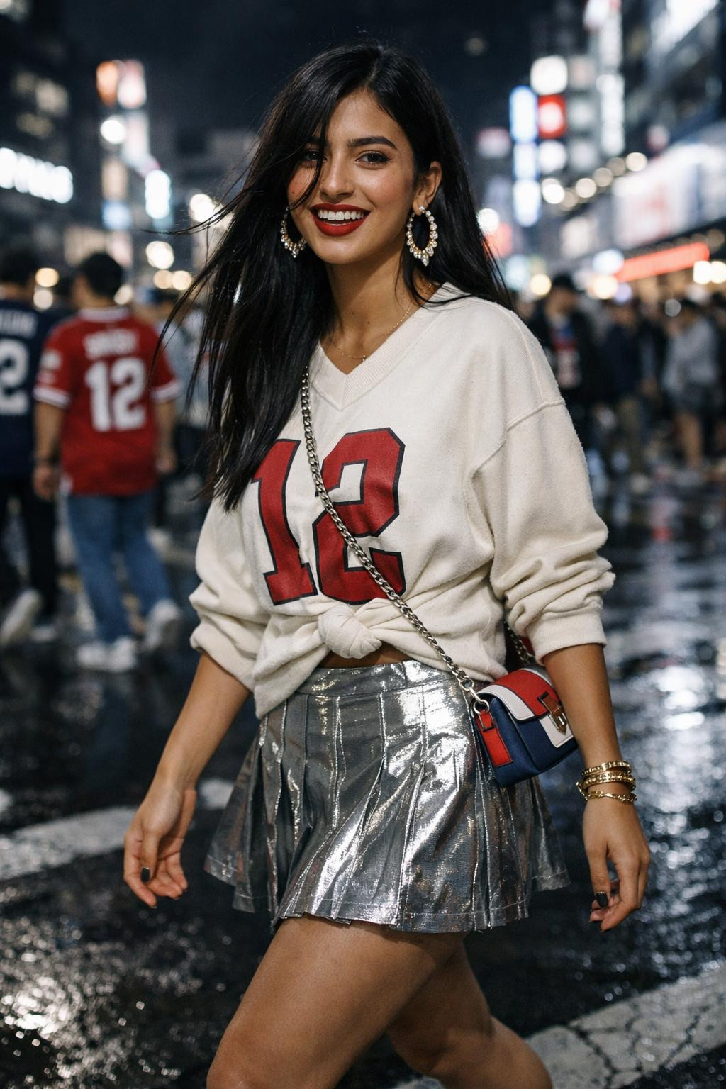 Super Bowl outfit ideas with knotted cream jersey and metallic silver skirt
