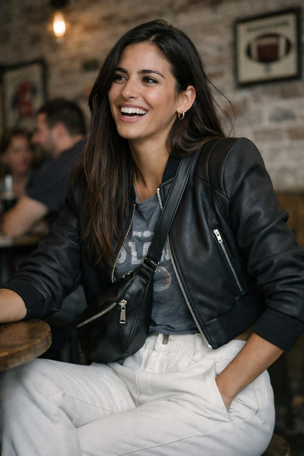 Game day outfit with white high-waist joggers and black cropped athletic jacket