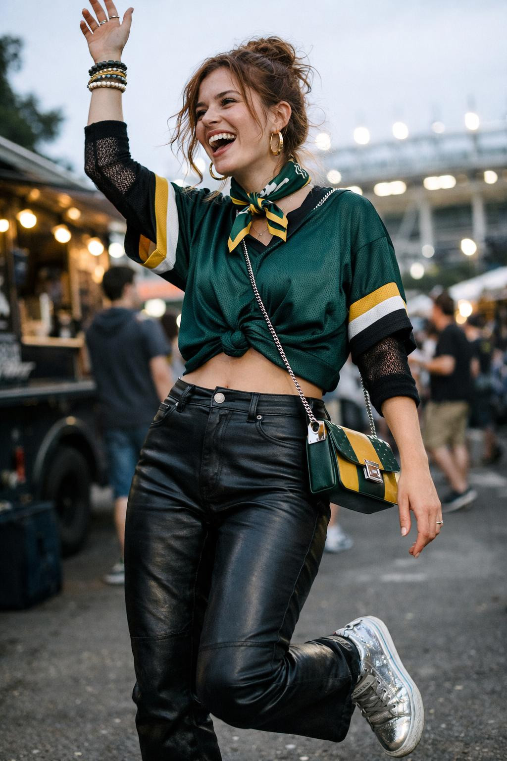 Game day outfit with oversized navy jersey and metallic silver sneakers