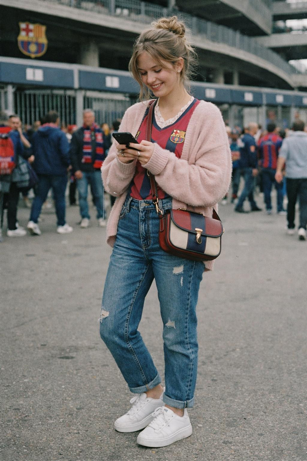 Game day outfit with blush cashmere sweater over team jersey and lace bralette