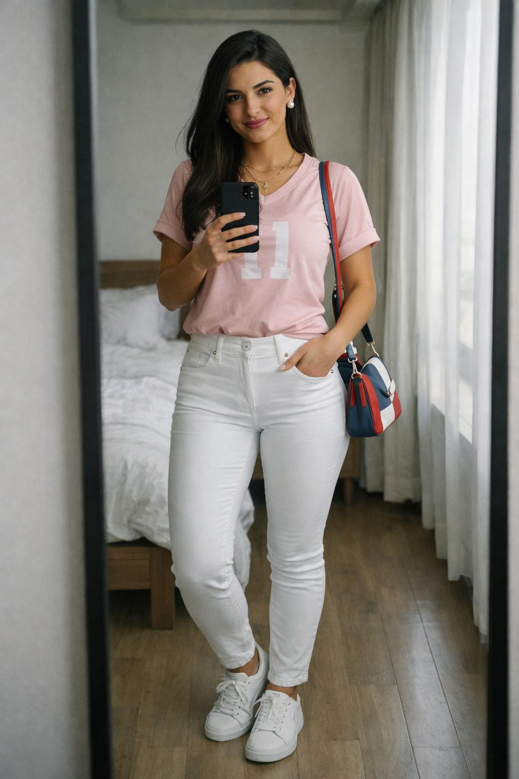 Game day outfit with blush pink off-shoulder jersey and pearl details