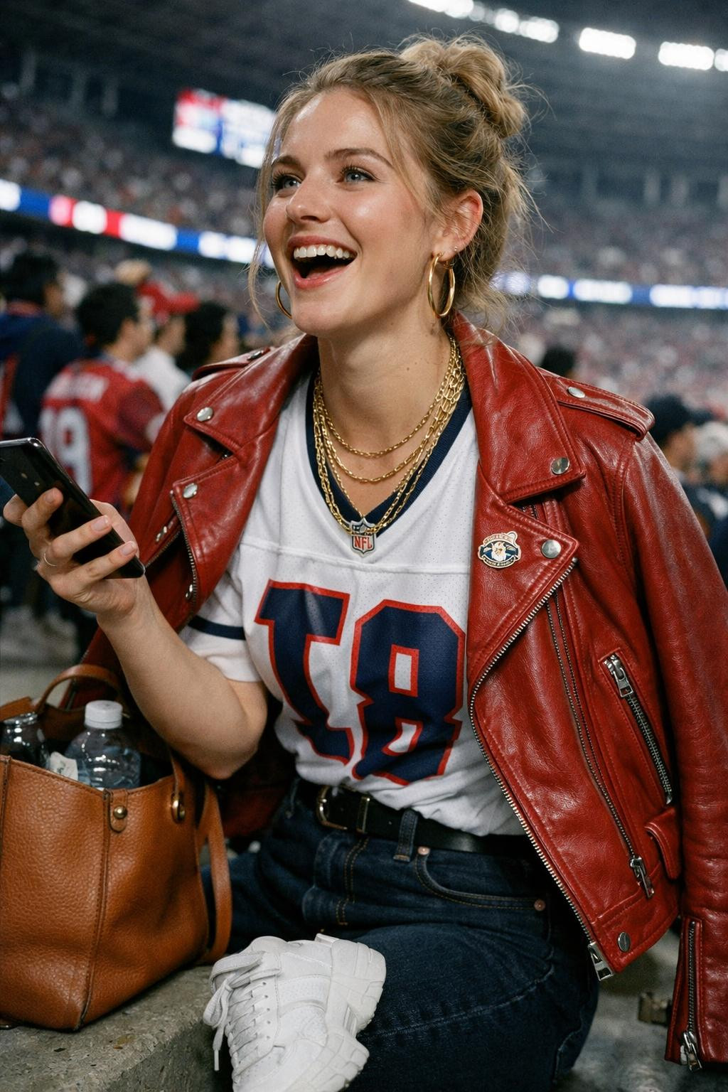 Football game outfit with white jersey and cherry red leather moto jacket