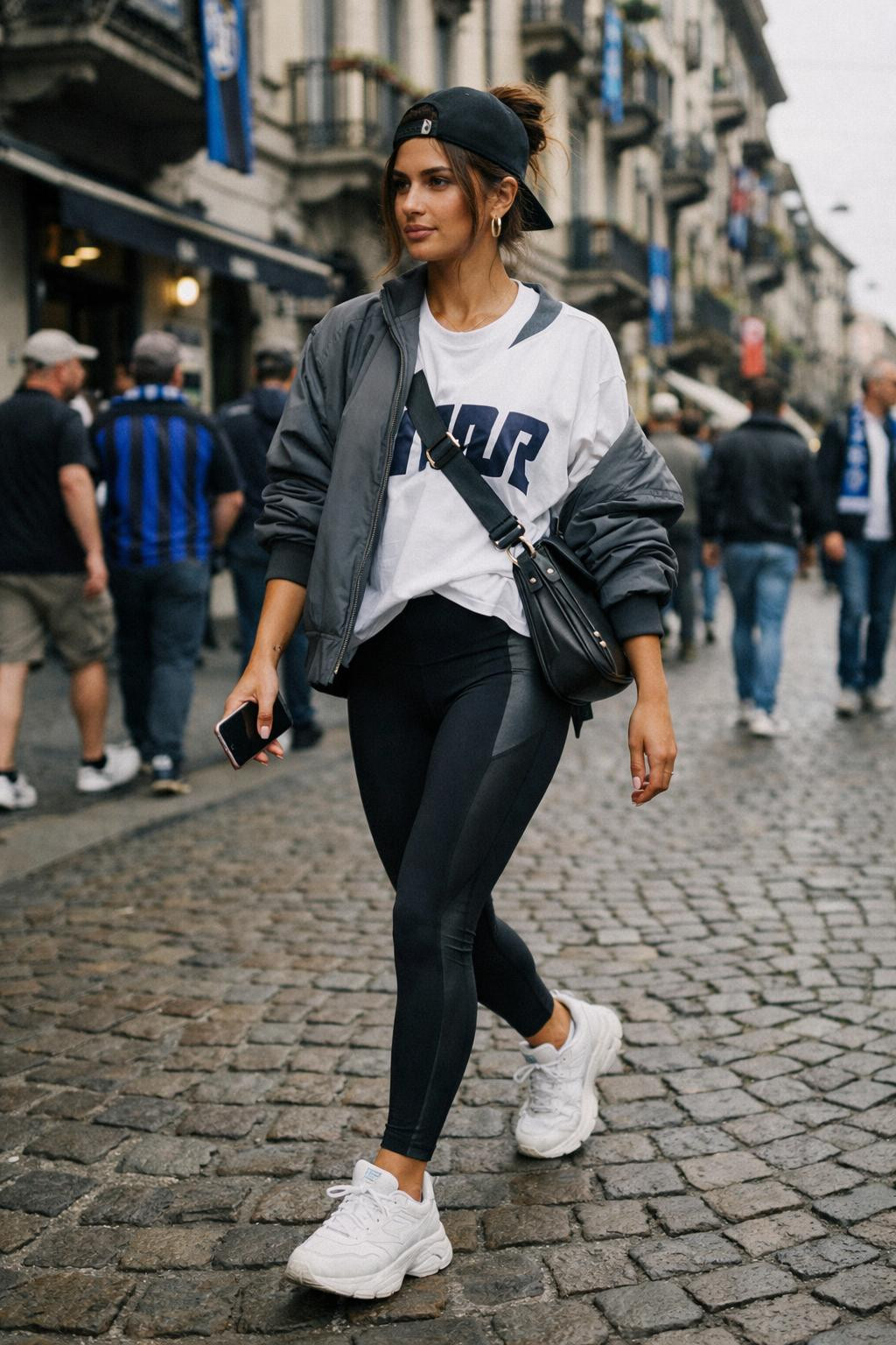Football game outfit with oversized white jersey and technical bomber jacket