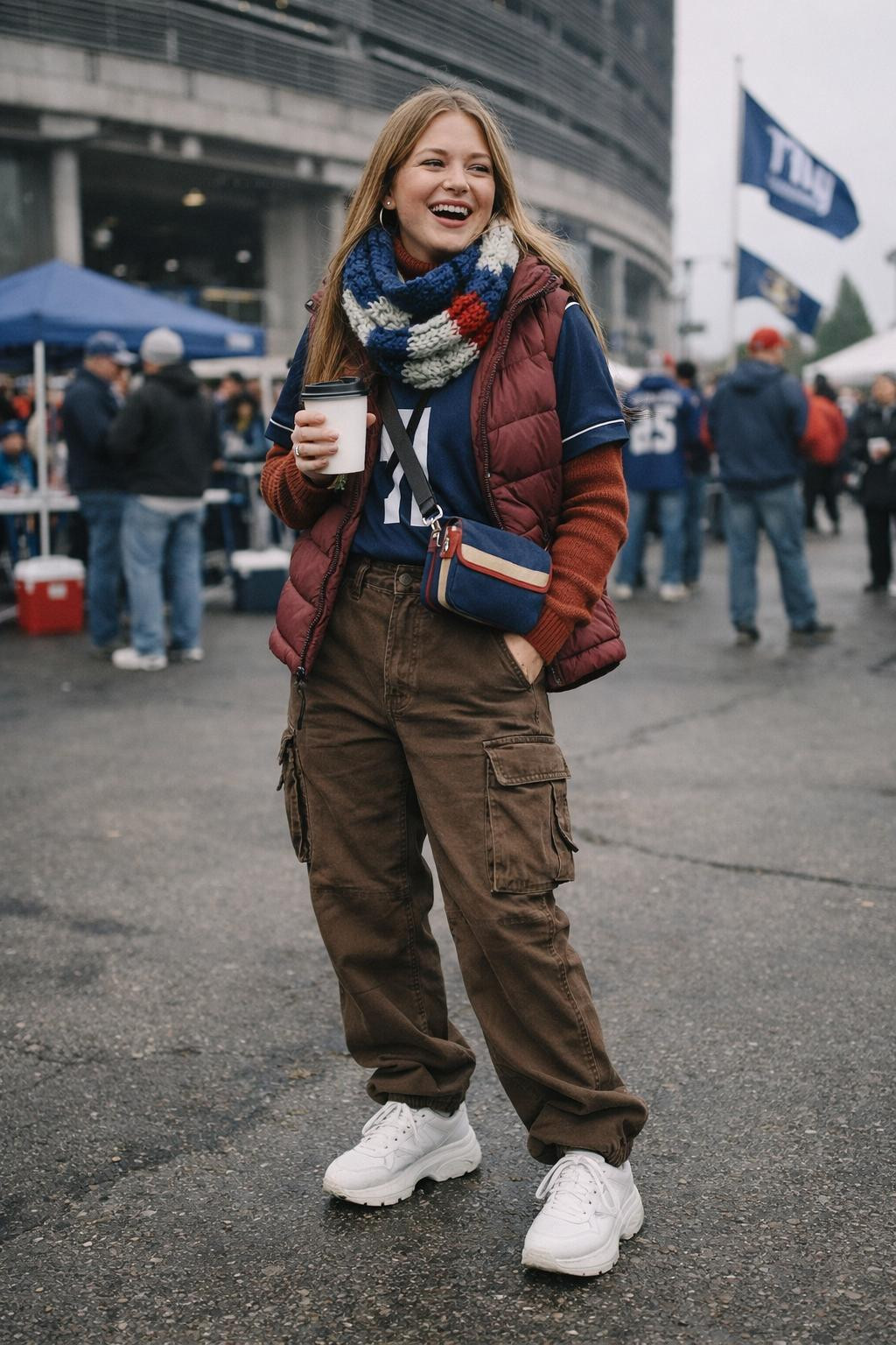 Football game outfit with navy jersey layered over rust turtleneck