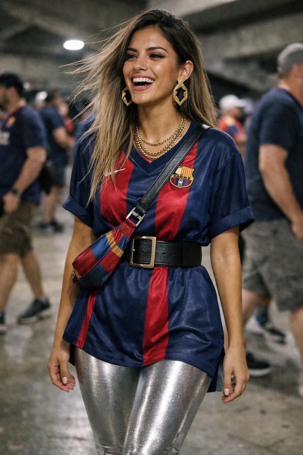 Football game outfit with jersey styled as mini dress and metallic leggings